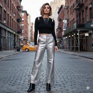 Anthropologie Avec Les Filles Metallic High Waist Crop Wide Leg Croc Embossed 10